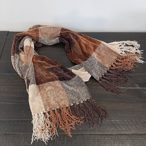 ❌SOLD❌ Brown Plaid Scarf Chenille Rectangular Fringe Fall Winter Womens Mens - Picture 8 of 10